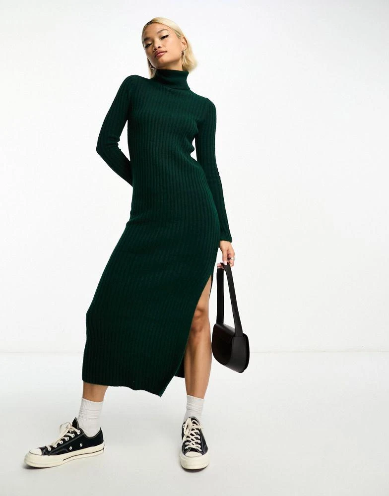 商品ASOS|ASOS DESIGN knitted maxi dress with high neck and side split in dark green,价格¥194,第1张图片