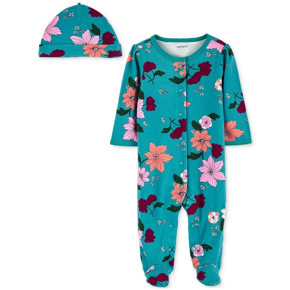 商品Carter's|Baby Girls Floral Snap-Up Sleep & Play Footed Coverall and Hat, 2 Piece Set,价格¥150,第1张图片