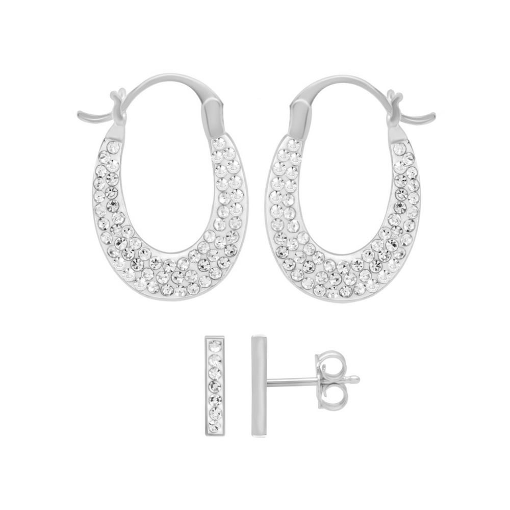 Crystal Bar Stud Pave Oval Hoop Duo Earring Set, Gold Plate and Silver Plate商品第1张图片规格展示