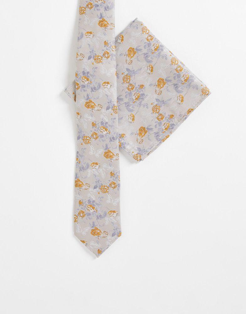 ASOS DESIGN slim tie and pocket square in neutral floral商品第1张图片规格展示