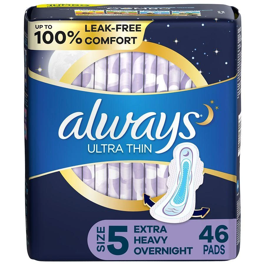 商品Always|Ultra Thin Overnight Pads with Flexi-Wings, Extra Heavy Overnight Unscented, Size 5,价格¥134,第1张图片