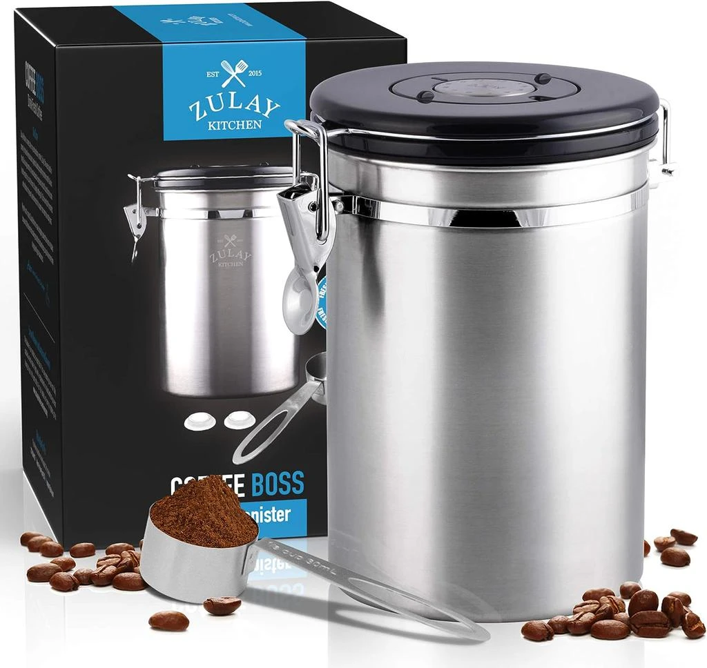 商品Zulay Kitchen|Airtight Coffee Canister - Stainless Steel Coffee Storage Canister with Scoop,价格¥429,第1张图片