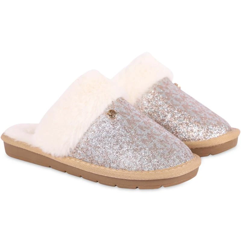 商品Michael Kors|Glittery logo slippers with faux fur detailing in silver,价格¥465,第1张图片