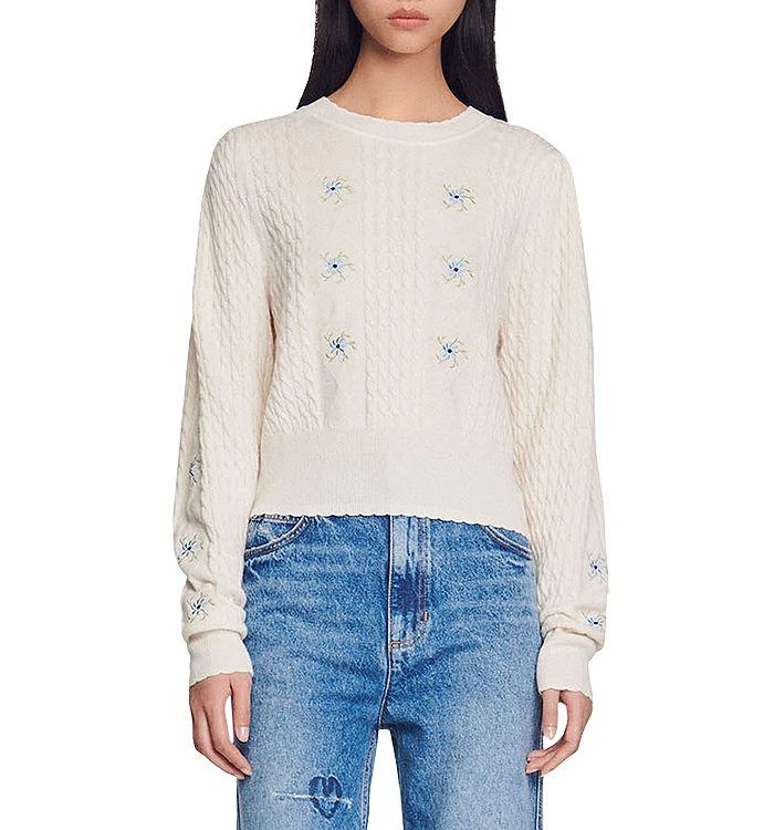 商品Sandro|Touquet Floral Embroidered Cable Knit Sweater,价格¥1272,第1张图片