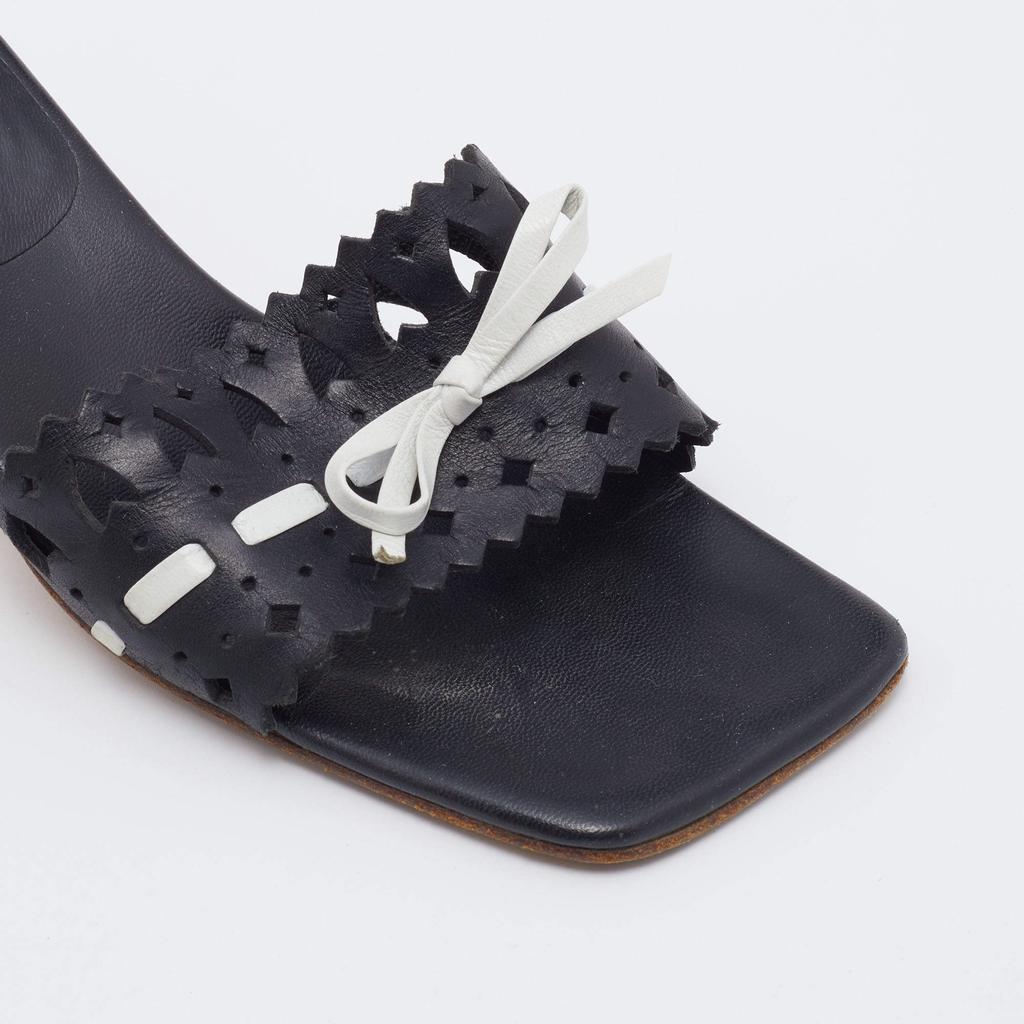 Sergio Rossi Black/White Laser Cut Leather Bow Detail Slide Sandals Size 37.5商品第7张图片规格展示