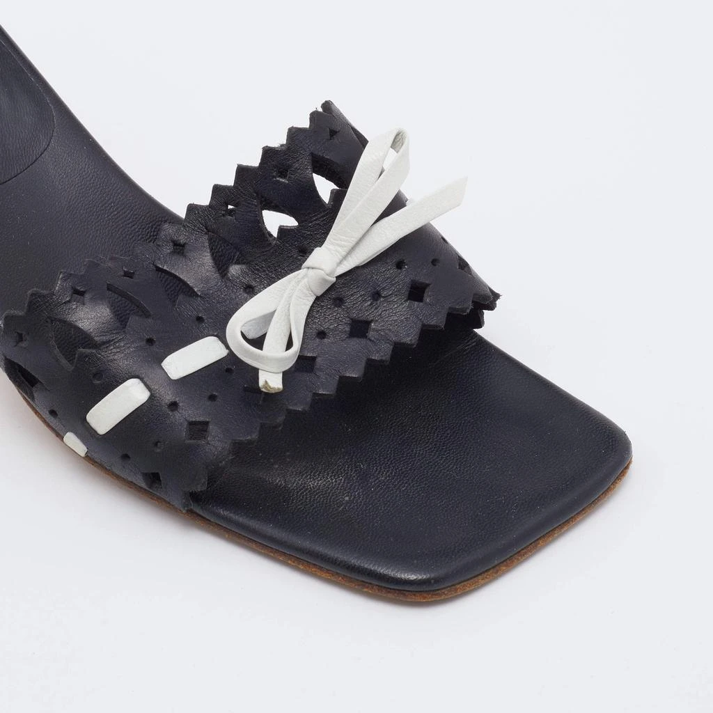 Sergio Rossi Black/White Laser Cut Leather Bow Detail Slide Sandals Size 37.5 商品