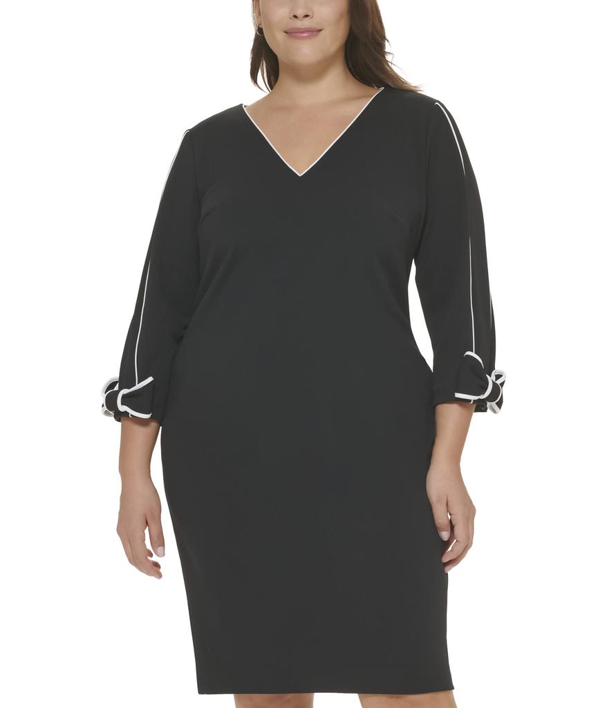 Plus Size Scuba Crepe Sheath Dress with White Trim & Bow Detail On Sleeve商品第1张图片规格展示