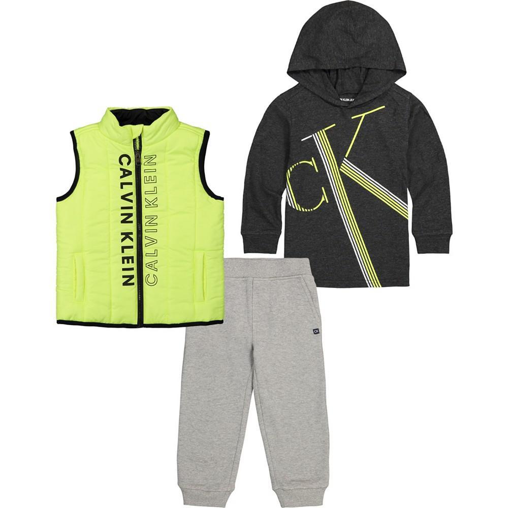 商品Calvin Klein|Toddler Boys Quilted Vest, Hooded Logo T-shirt and Fleece Joggers, 3 Piece Set,价格¥228,第1张图片