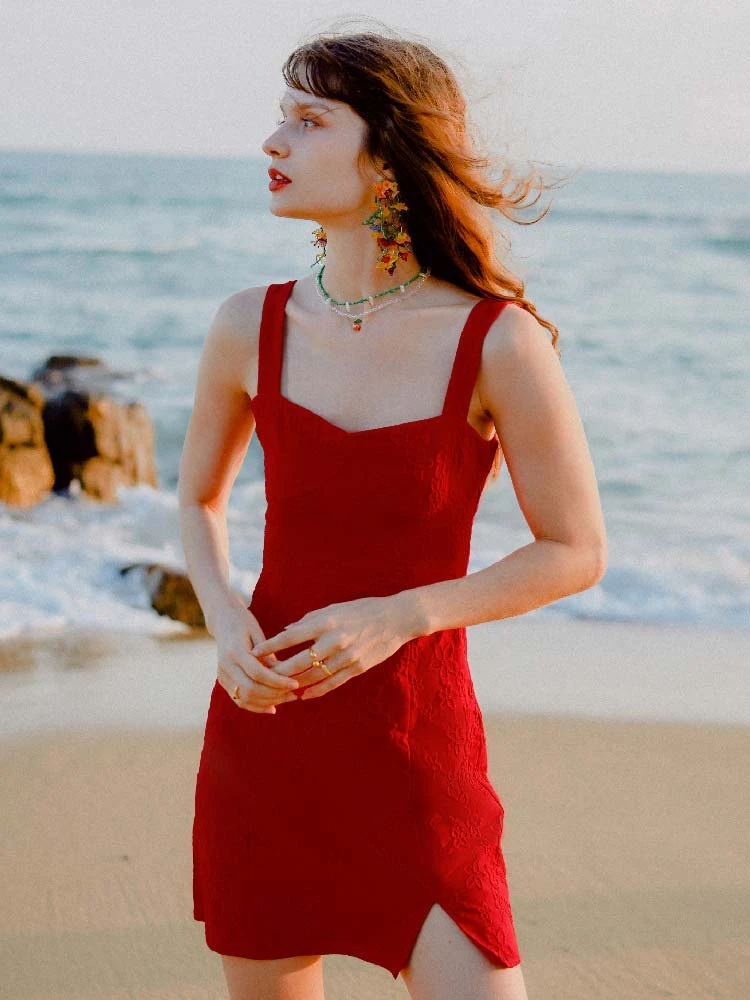 Tanya红色立体抽象印花法式吊带连衣裙短款 Tanya Dress - Rose Red 商品