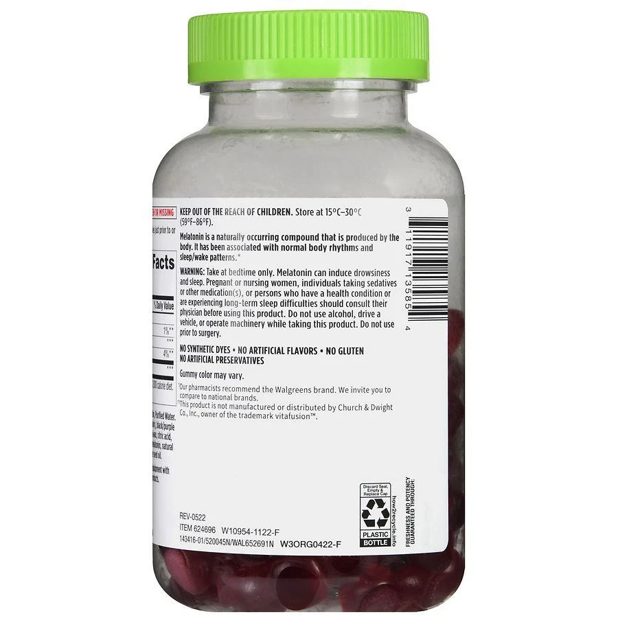 商品Walgreens|Extra Strength Melatonin 5 mg Gummies (60 days) Natural Blackberry & Raspberry,价格¥97,第4张图片详细描述