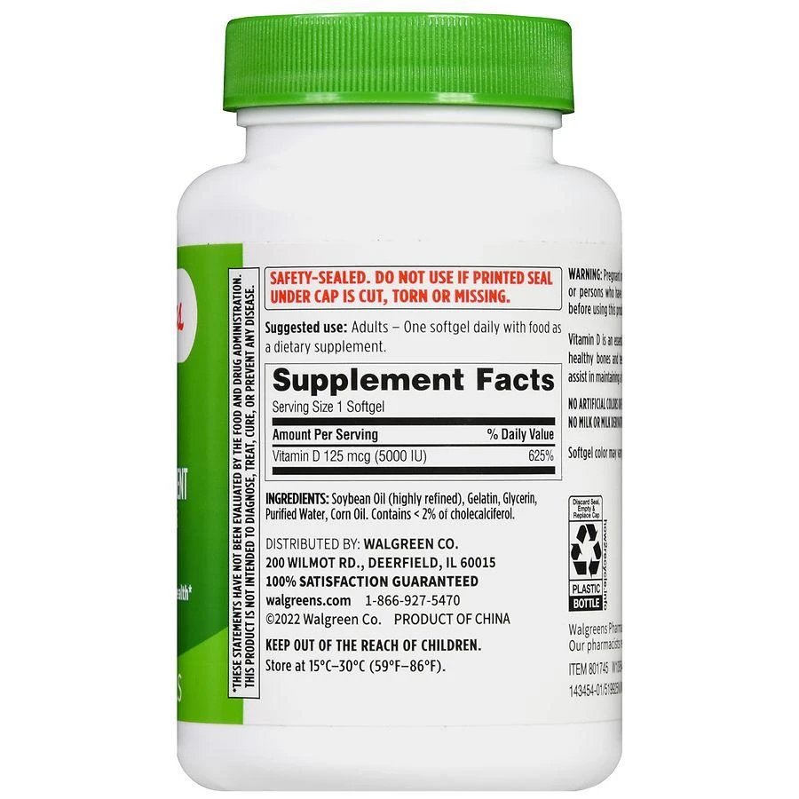 商品Walgreens|Vitamin D3 125 mcg Softgels (400 days),价格¥336,第3张图片详细描述