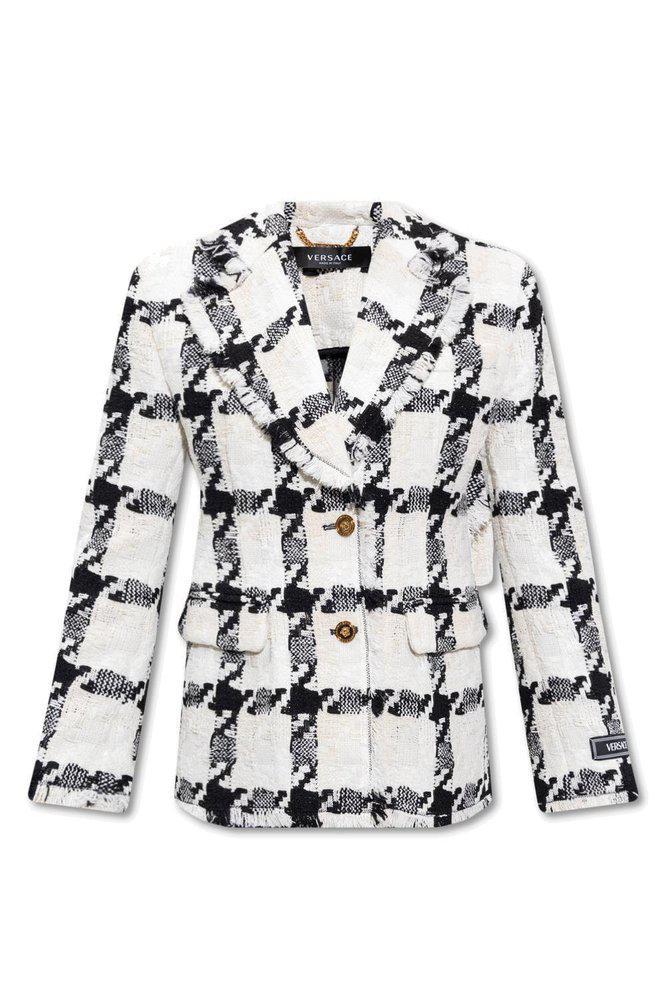 商品Versace|Versace Single-Breasted Houndstooth Patterned Blazer,价格¥13944-¥19497,第1张图片