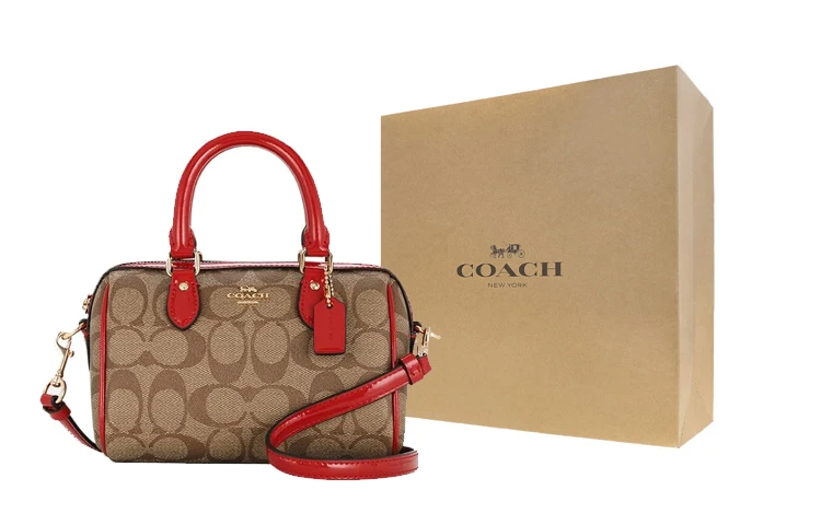 商品[国内直发] Coach|蔻驰 Boxed 18 经典老花挂件铭牌五金扣 PVC配皮 波�士顿包手提包单肩包 小号 女款 棕色拼红色,价格¥1450,第7张图片详细描述