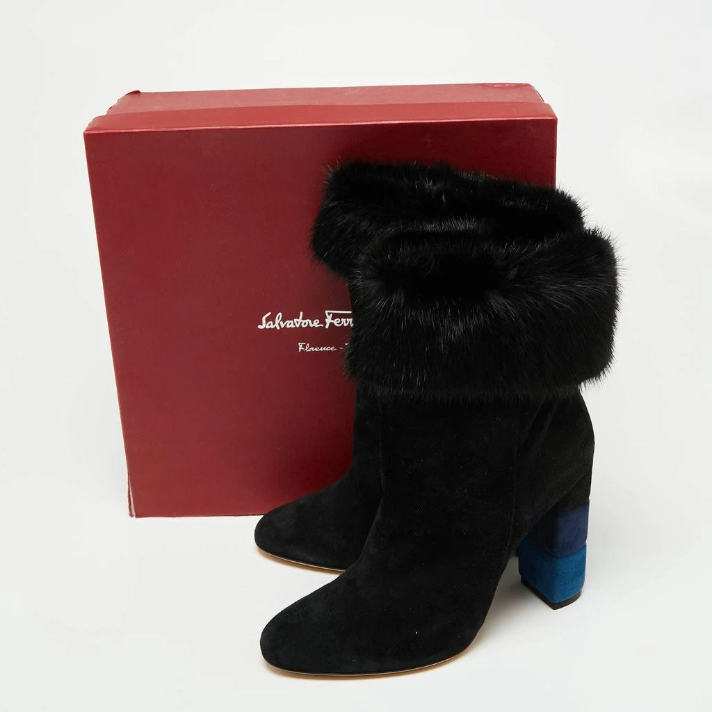 Salvatore Ferragamo Black Suede And Fur Trim Color Block Heel Loris Ankle Boots Size 40 商品