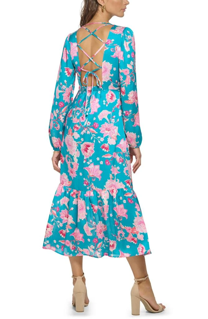 商品Kensie|Floral Long Sleeve Lace-Up Satin Maxi Dress,价格¥282,第2张图片详细描述