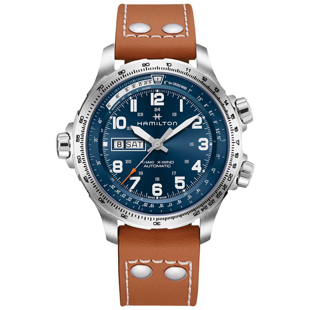 Men's Swiss Khaki X-Wind Brown Leather Strap Watch 45mm商品第1张图片规格展示