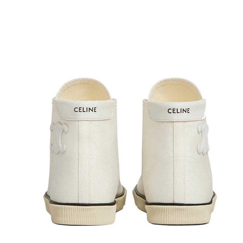 商品Celine|【预售3-7天】CELINE/赛琳 22年早春新款 BLANK系列 女士米白色织物/牛皮革侧面TRIOMPHE贴饰高帮运动鞋帆布鞋343202006C.01OW,价格¥4102,第5张图片详细描述