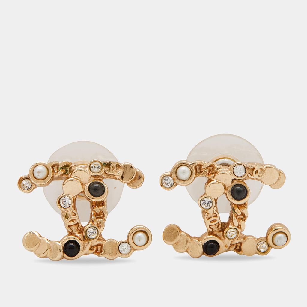 Chanel Gold Tone Crystal CC Chain Stud Earrings商品第1张图片规格展示
