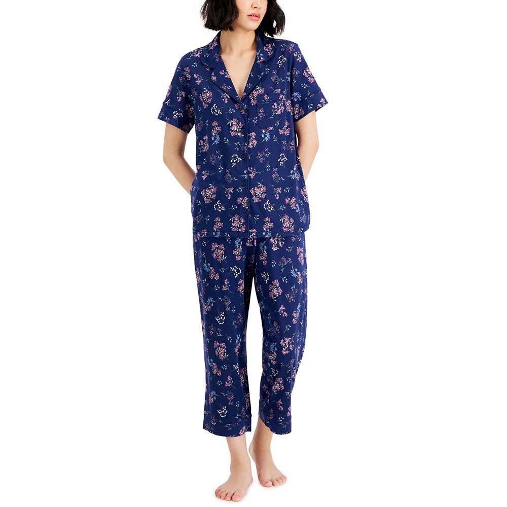 Women's Notch-Collar & Cropped Pajama Pants Set商品第1张图片规格展示