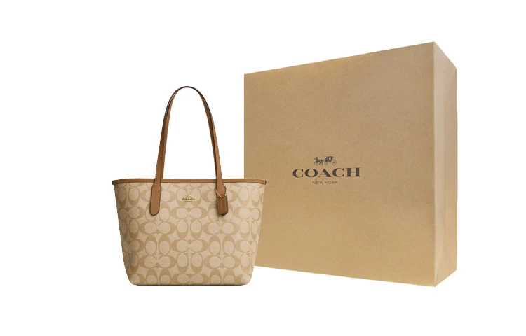 商品[国内直发] Coach|蔻驰 City 23 金标Logo经典老花按扣 帆布 托特包Tote包购物袋单肩包 女款 浅卡其色拼浅马鞍色,价格¥1454,第6张图片详细描述