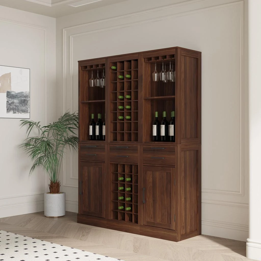 商品Streamdale Furniture|Streamdale Brown Walnut Color Modular Wine Bar Cabinet With Storage Shelves,价格¥1324,第4张图片详细描述
