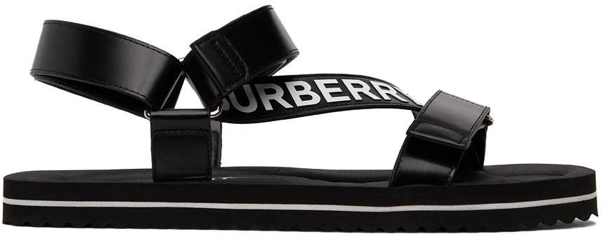 商品Burberry|SSENSE Exclusive Black Leather Patterson Flat Sandals,价格¥3340,第1张图片