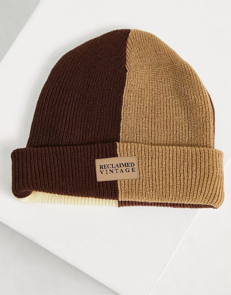 商品Reclaimed Vintage|Reclaimed Vintage unisex colourblock beanie hat in brown tones,价格¥67,第4张图片详细描述
