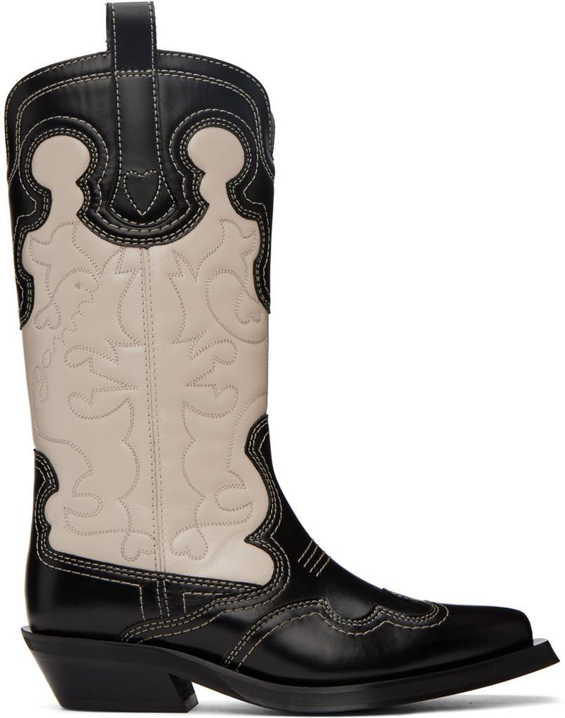 商品Ganni|Black & Off-White Embroidered Western Mid-Calf Boots,价格¥4272,第1张图片