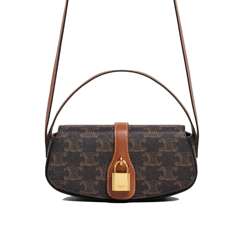 商品Celine|CELINE/赛琳    女士黄褐色老花凯旋帆布牛皮饰边挂锁装饰单肩斜挎包,价格¥9615,第1张图片