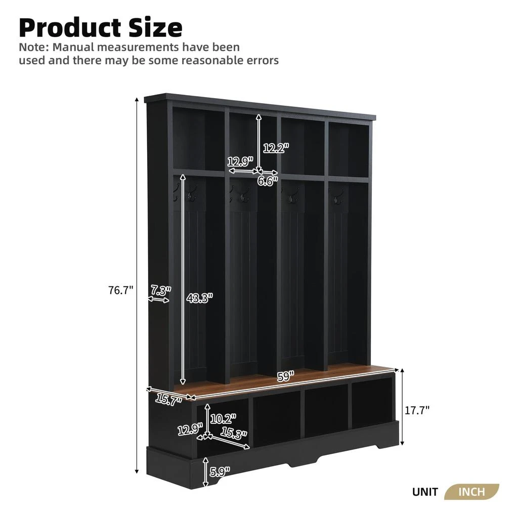 商品Streamdale Furniture|Streamdale Farmhouse Hall Tree with Bench, Coat & Shoe Rack - Black,价格¥3008,第3张图片详细描述