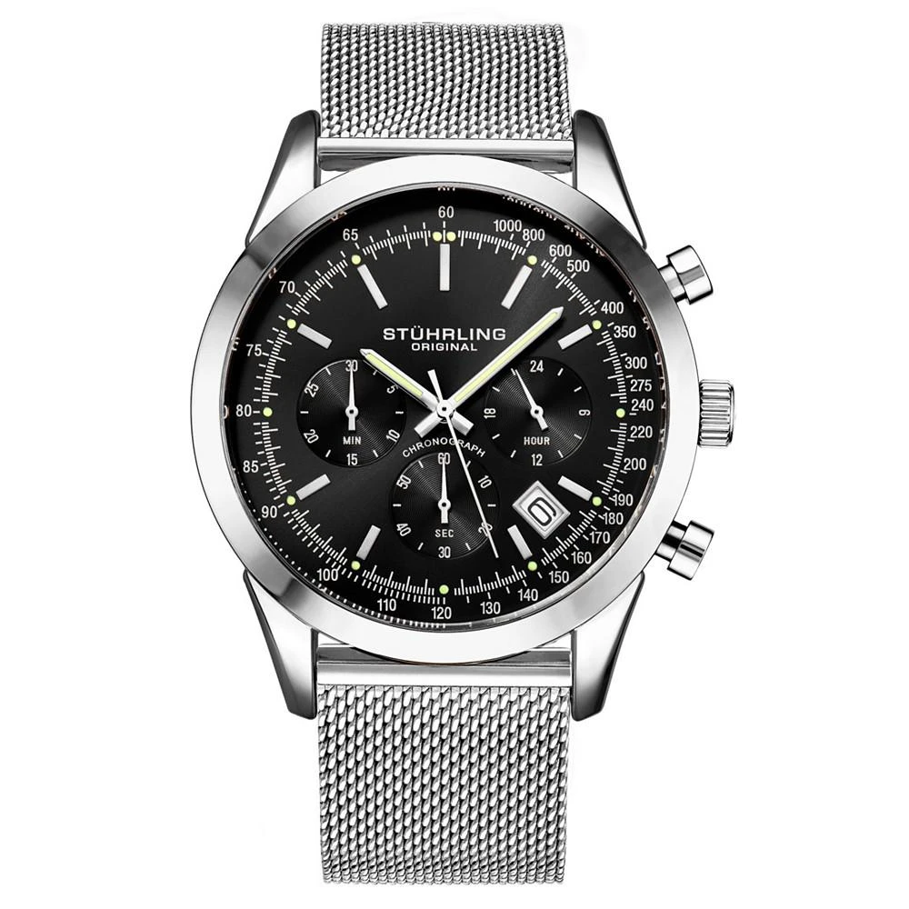 商品Stuhrling|Men's Quartz Chronograph Date Silver-Tone Stainless Steel Mesh Bracelet Watch 44mm,价格¥638,第1张图片