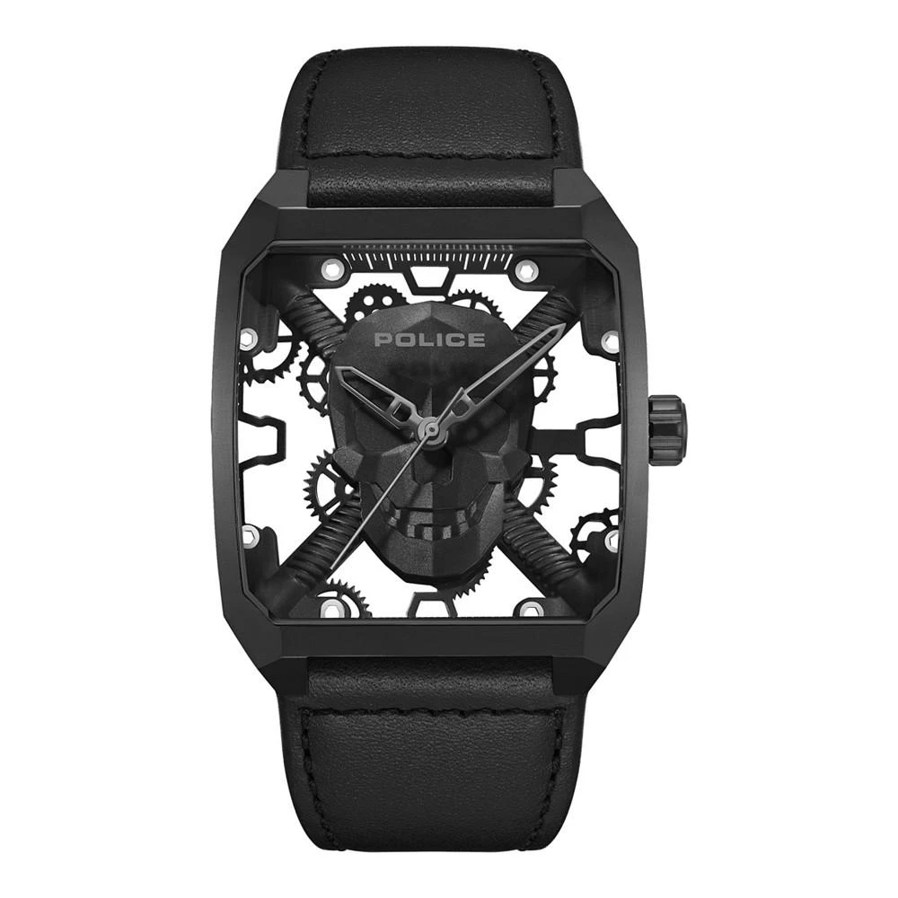 商品POLICE|Men's Omaio Collection Black Genuine Leather Strap Transparent Watch 39mm,价格¥1348,第1张图片