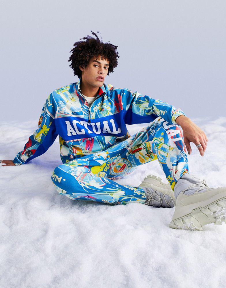 ASOS Actual co-ord oversized quarter zip sweatshirt in polar fleece with all over ski print in blue商品第1张图片规格展示