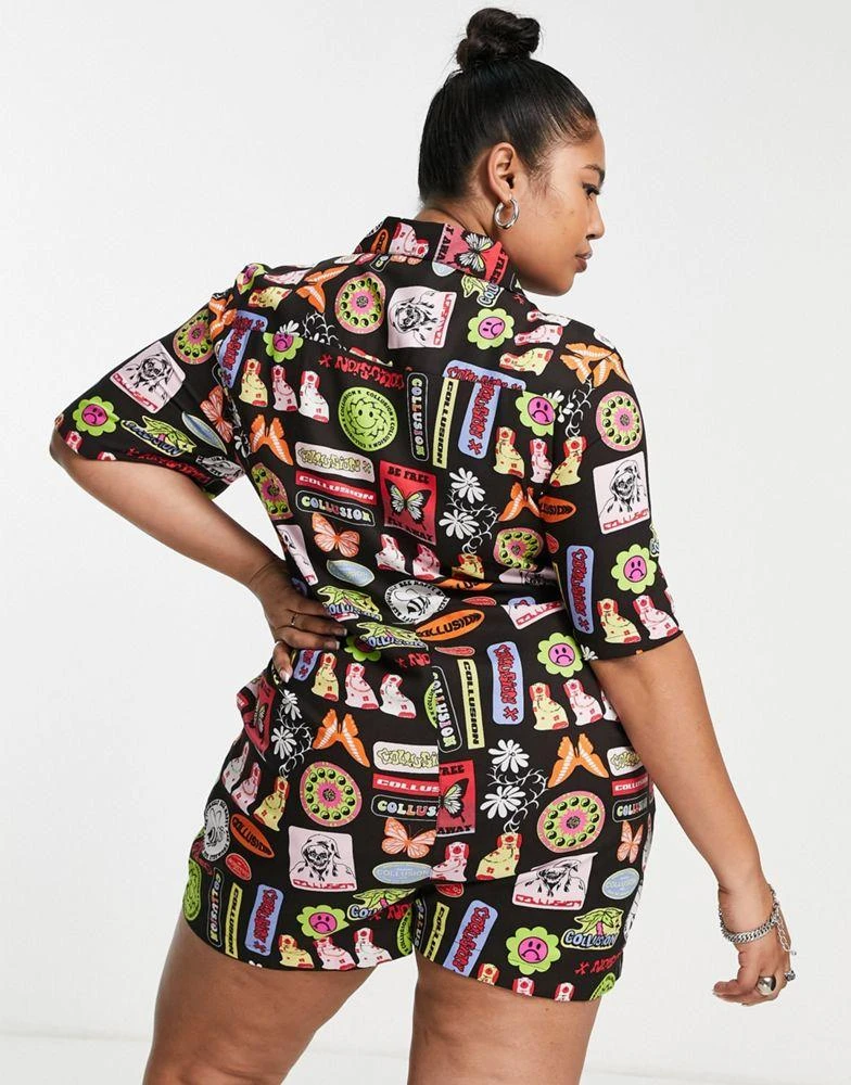 商品COLLUSION|COLLUSION Plus sticker print revere playsuit in black,价格¥205,第2张图片详细描述