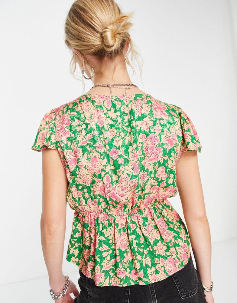 Topshop vintage style floral jacquard cap sleeve tea top in pink and green商品第4张图片规格展示