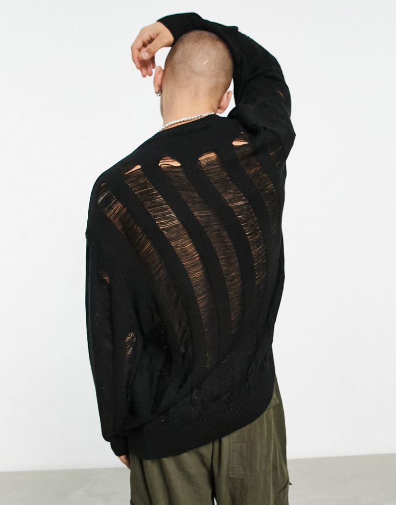 ASOS DESIGN oversized knitted jumper with laddering detail in black商品第2张图片规格展示