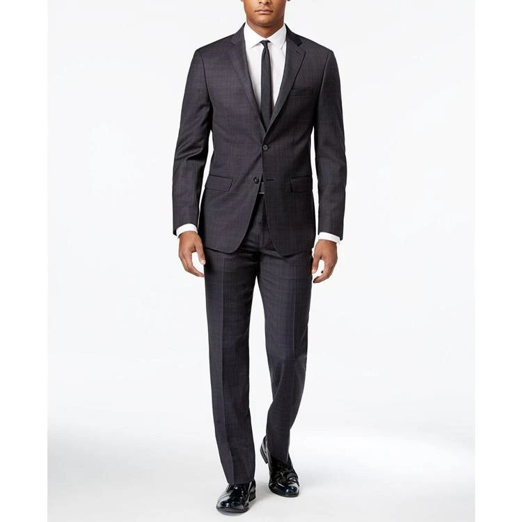 商品Calvin Klein|X-Fit Men's Charcoal/Dark Brown/Blue Windowpane Slim Fit Suit,价格¥1454,第1张图片