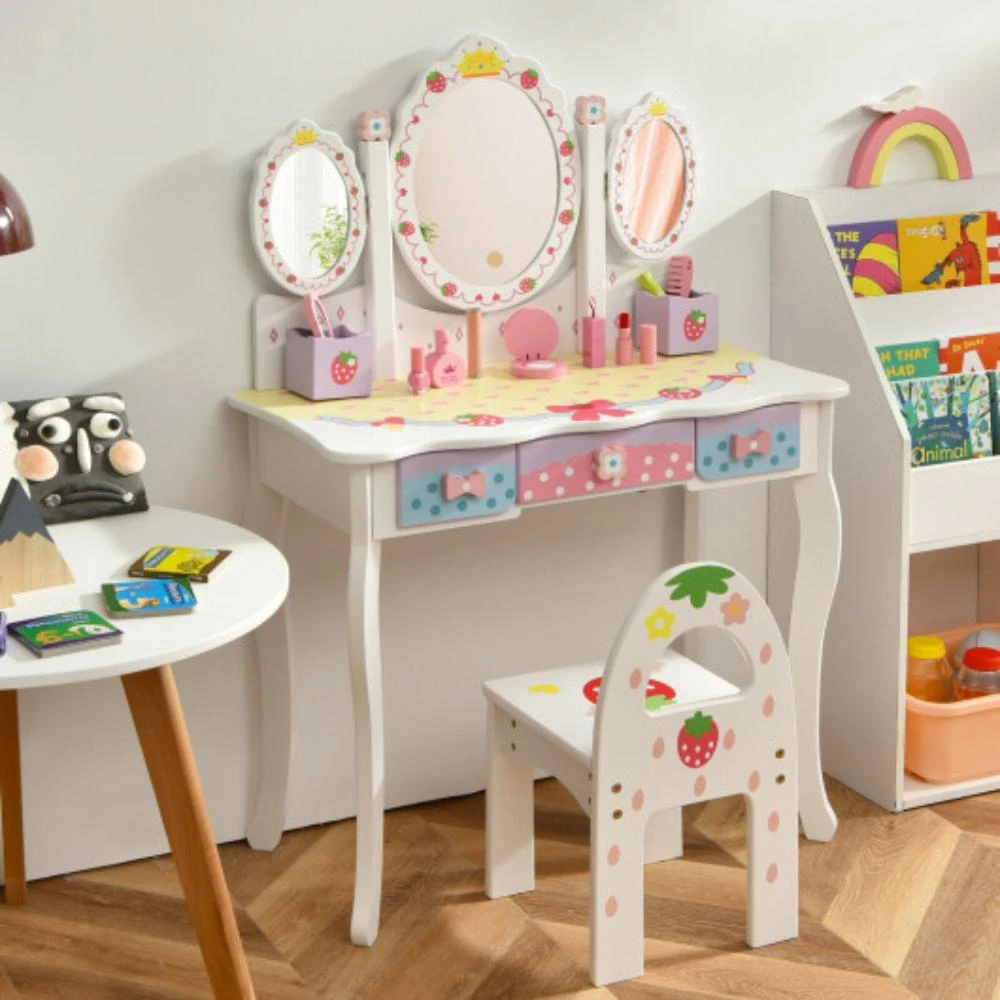 商品Hivvago|Kids Vanity Princess Makeup Dressing Table Chair Set with Tri-fold Mirror-White,价格¥1424,第1张图片