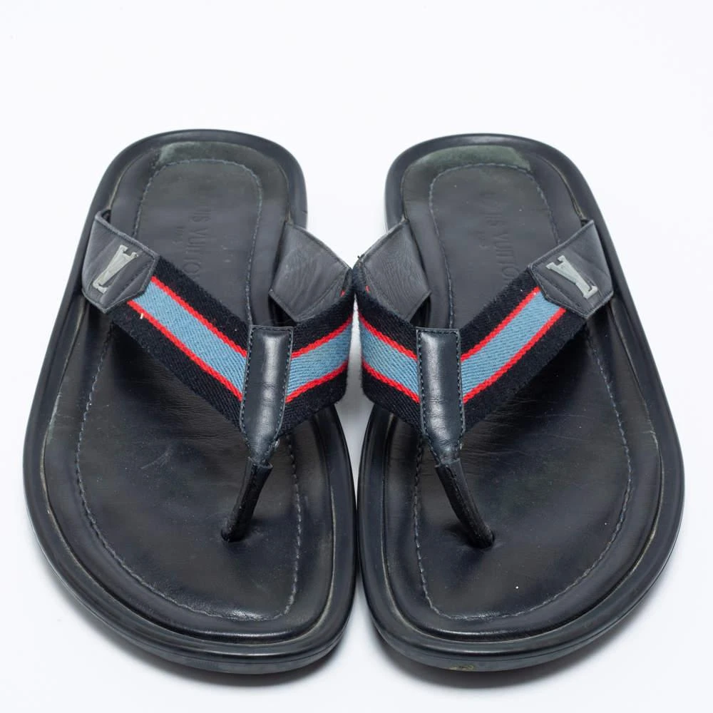 商品[二手商品] Louis Vuitton|Louis Vuitton Navy Blue Leather and Canvas Thong Slides Size 44.5,价格¥1542,第3张图片详细描述