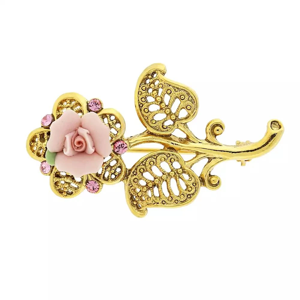 商品2028|Gold-Tone Pink Crystal and Porcelain Rose Brooch,价格¥329,第1张图片