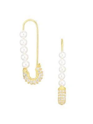 商品Chloe & Madison|18K Goldplated Sterling Silver, 3MM Freshwater Pearl & Crystal Safety Pin Drop Earrings,价格¥382,第1张图片