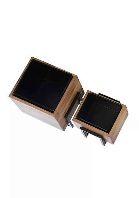 商品Duna Range|Range Square Wooden Planter With Metal Base And Grain Details Set Of 2 Brown,价格¥838,第4张图片详细描述