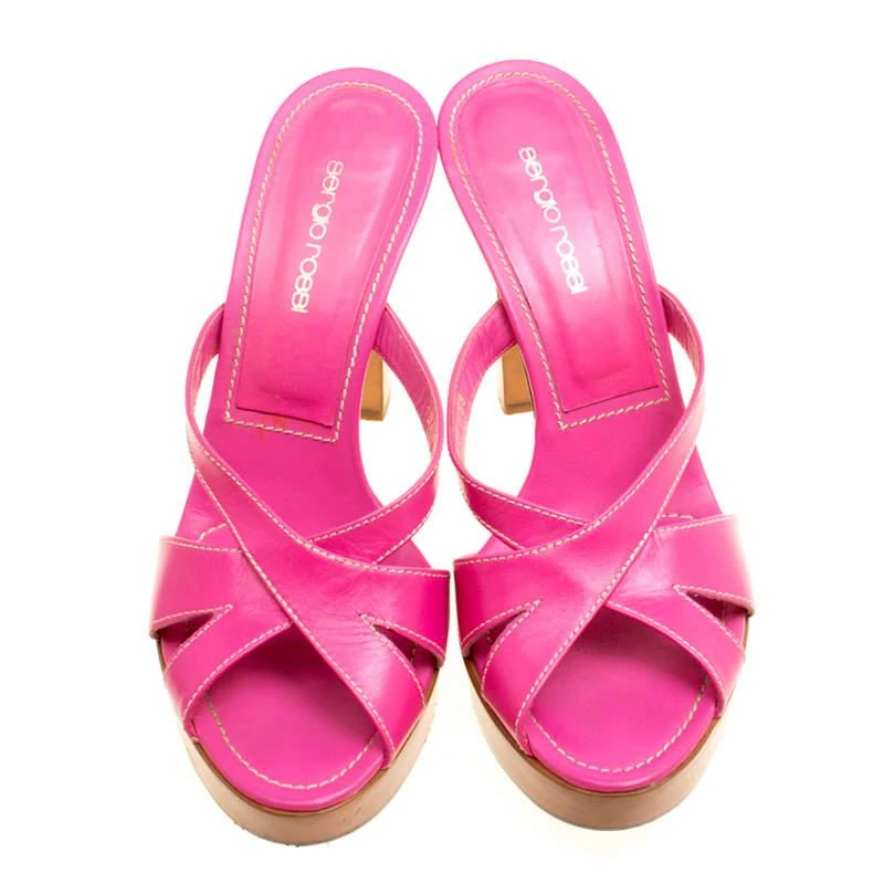 商品[二手商品] Sergio Rossi|Sergio Rossi Pink Leather Peep Toe Platform Slides Size 38,价格¥1553,第3张图片详细描述