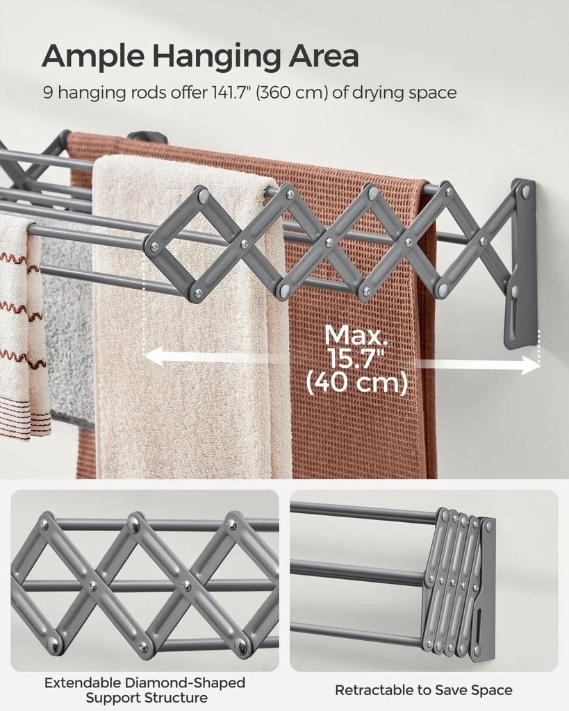 商品BreeBe|Wall-Mounted Expandable Steel Clothes Drying Rack with 9 Rods Dove Gray,价格¥489,第3张图片详细描述