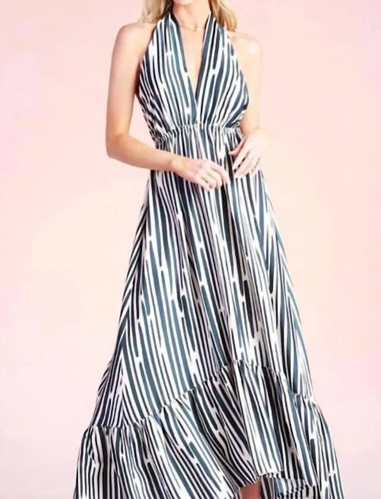 商品Tyche|Stripe High Low Halter Maxi Dress In Hunter Green,价格¥379,第1张图片