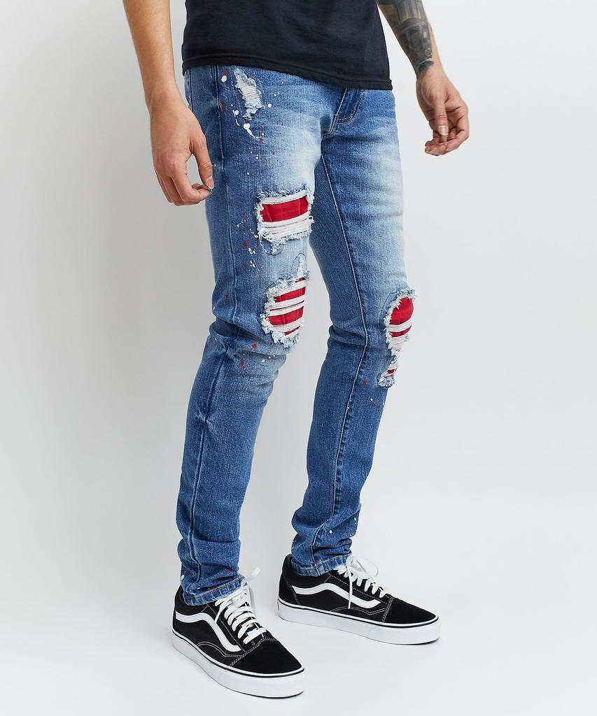 商品Reason Clothing|Vincent Ripped Red Patched Slim Fit Denim Jeans,价格¥222,第6张图片详细描述