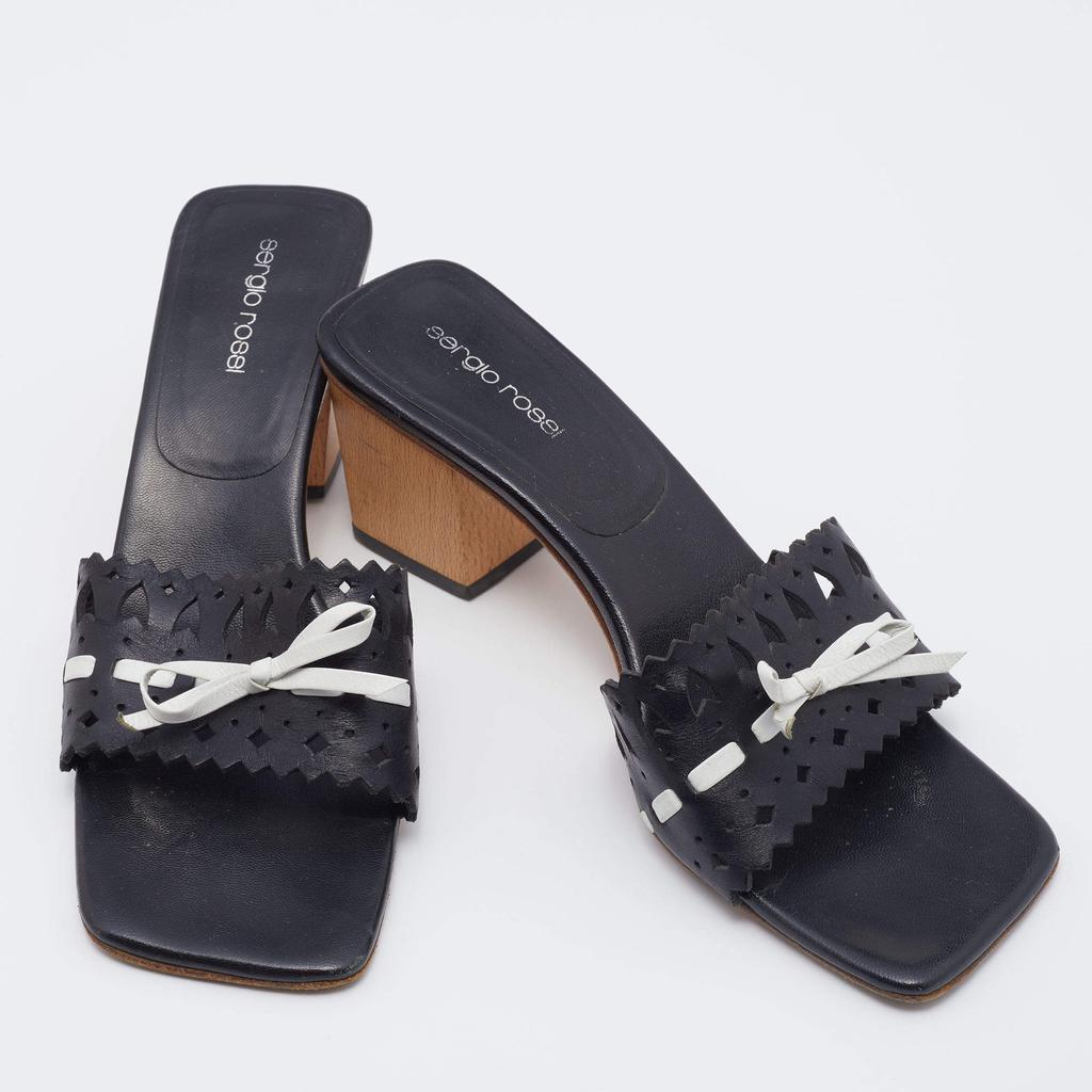 Sergio Rossi Black/White Laser Cut Leather Bow Detail Slide Sandals Size 37.5商品第4张图片规格展示