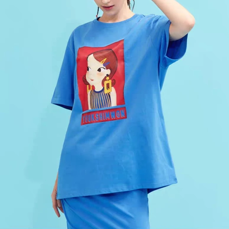 【享贝家】（国内现货-QD）陆心媛 夏季新款韩版宽松休闲时尚上衣女短袖T恤 蓝色 G2WTS06BLRAF 商品