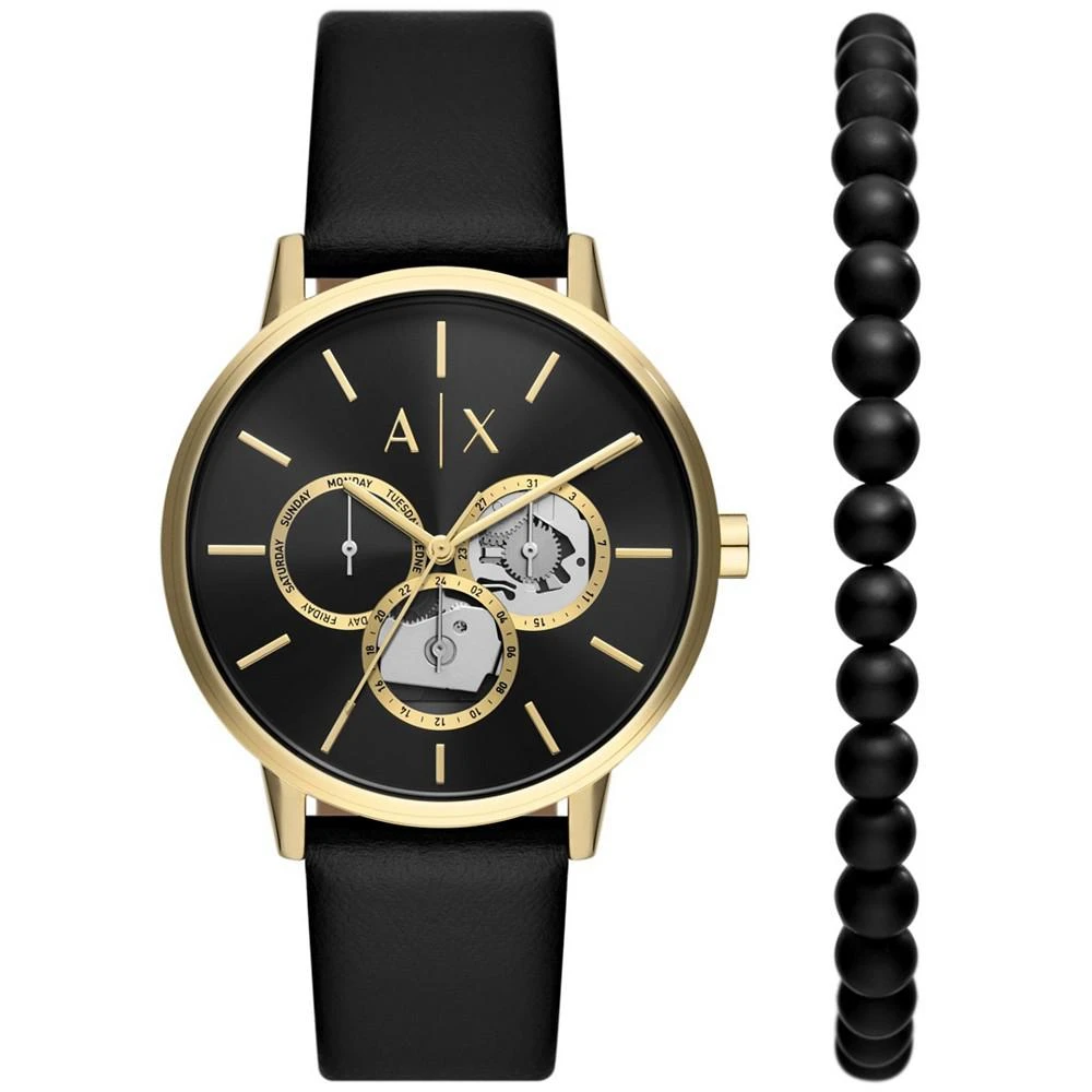 商品Armani Exchange|Men's Multifunction Black Leather Strap Watch, 42mm and Black Onyx Beaded Bracelet Set,价格¥1002,第1张图片
