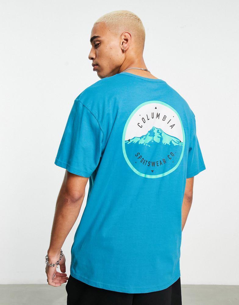 商品Columbia|Columbia Tillamook Way II back print t-shirt in blue Exclusive at ASOS,价格¥137,第1张图片